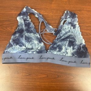 PINK LACE HALTER BRALETTE blue tie dye